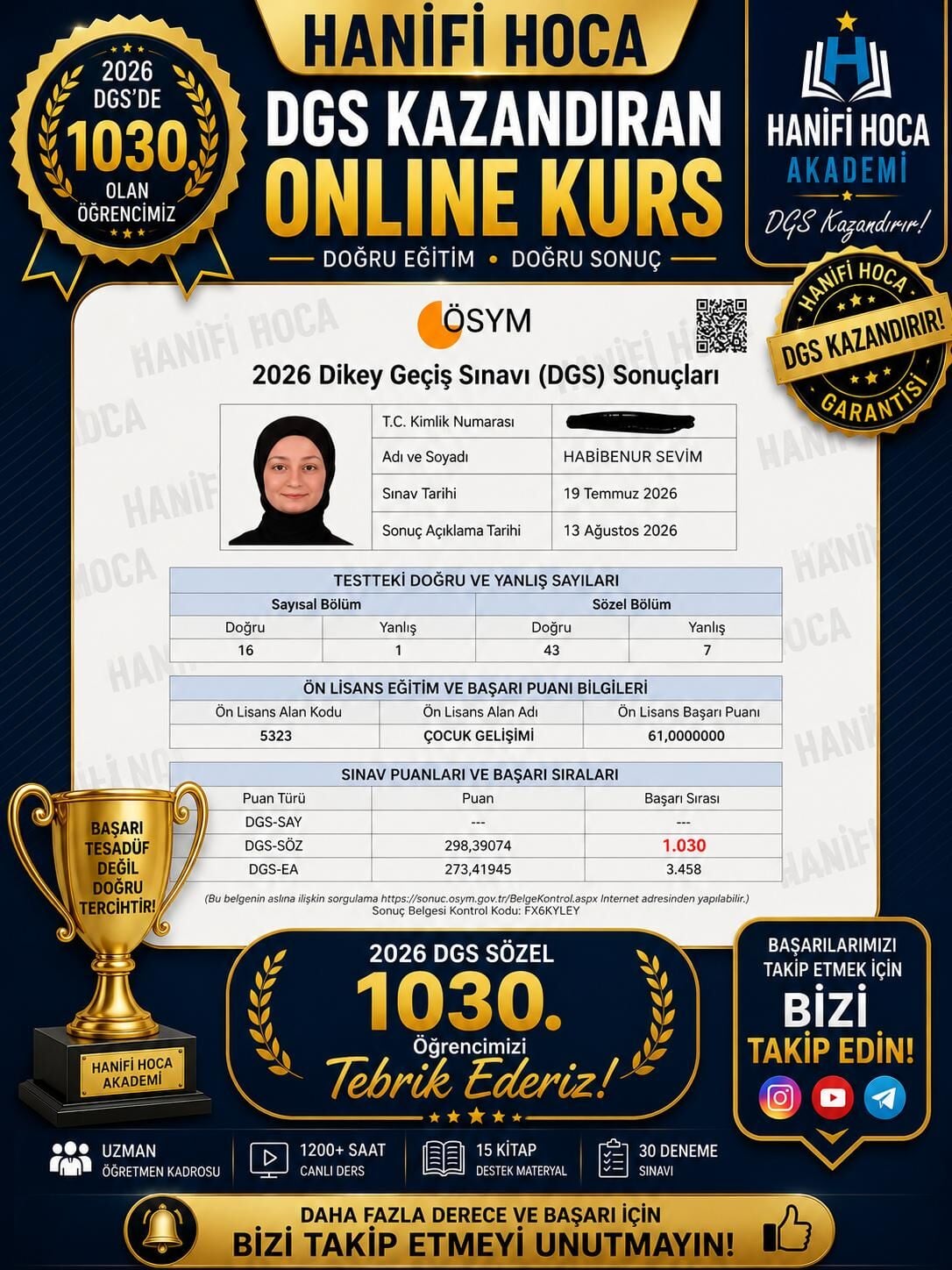 2026 DGS Türkiye 1030. Derecesi